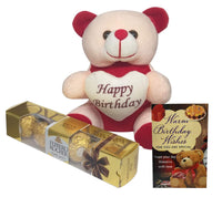 Happy Birthday Teddy with Small Greeting Card & Ferrero Rocher Pack 4